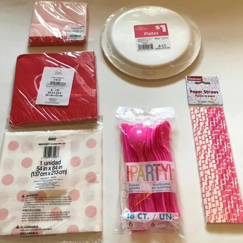 Supplies for a Make your own, Valentine's Day Gift Basket, (#2) Pink, White, Red